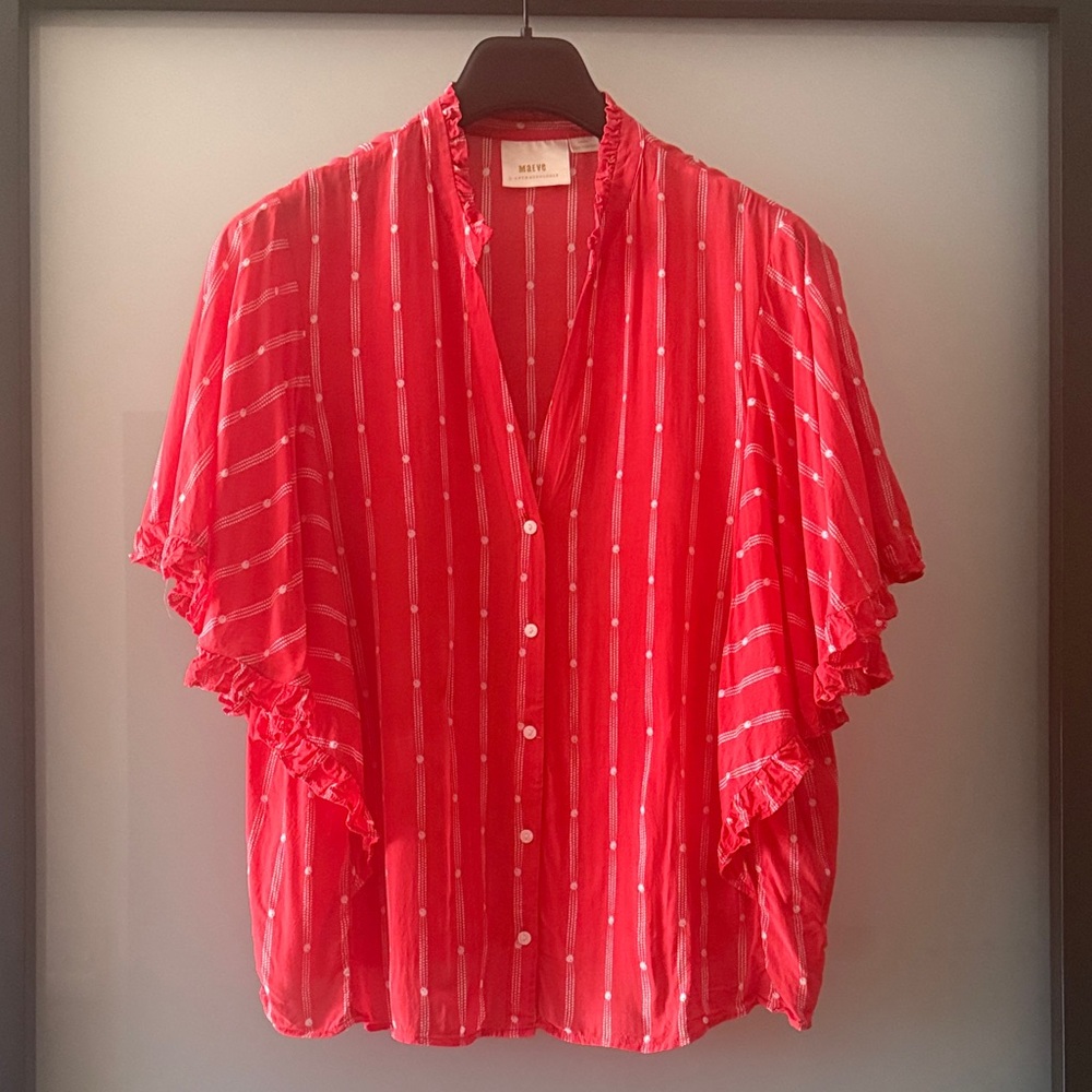 Maeve by Anthropologie Bright Red Dot-Striped Button-Down Flutter Sleeve Top